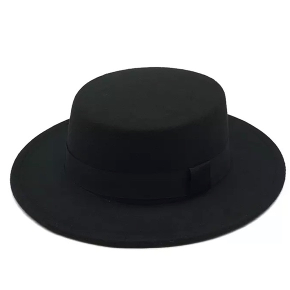 NEW Black Round Flat Top Stiff Brim Black Ribbon Band Boater Fedora Hat - Picture 2 of 4